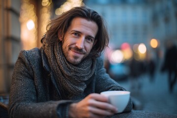 Man sitting at an outdoor caf&eacute;, holding a warm cup and smiling softly in the evening light