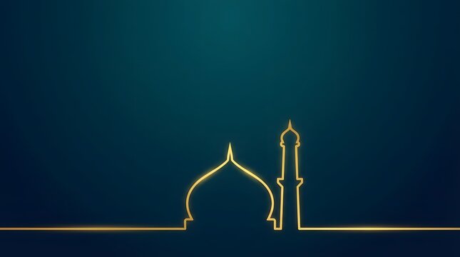 A minimalist illustration of a mosque with a dome and minaret in a simple gold line art style against a dark blue gradient background