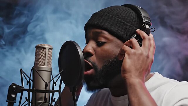 Cinematic Close-Up of Artist Holding Headphones While Singing into Microphone
