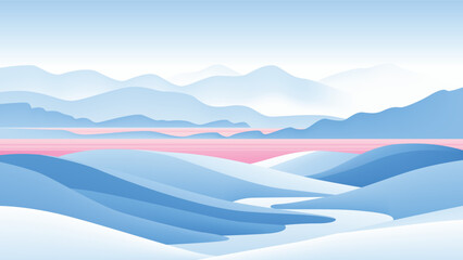 Minimalist highland landscape with rolling blue hills and distant mountains, accented by a striking pink river horizon under a soft, gradient sky.