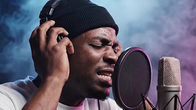 Passionate Male Singer with Beanie Recording in Smoky Blue Studio
