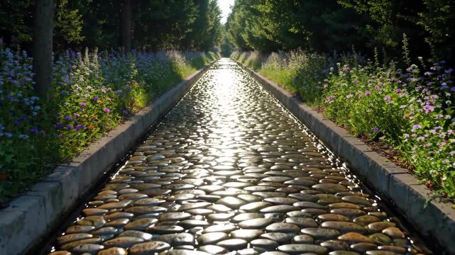 Garden flagstone path in the sun