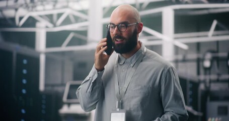 Engineer Troubleshooting Issues In Server Room. Bearded Male in Data Center Urgently Speaking on Smartphone, Likely Probably Solving Critical Network Issue. Remote Support, Infrastructure Emergencies. - Powered by Adobe