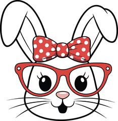 Cute cartoon bunny with stylish red glasses and bow