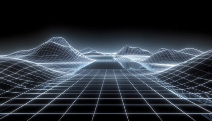 Abstract Digital 3d Wireframe Terrain Grid with Neon White Lines