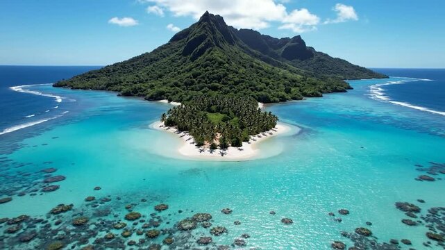 Aerial shot of an island with a central verdant mountain, turquoise waters, and a sandy islet