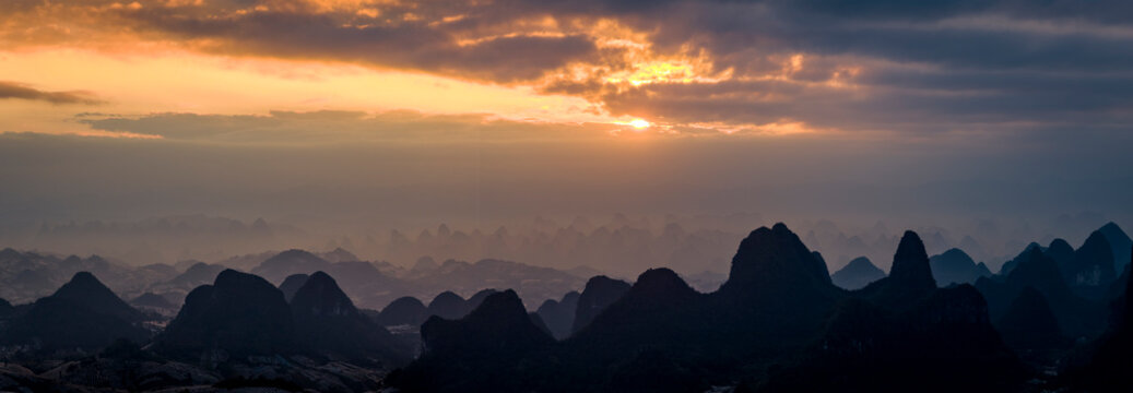The Mountain Landscape in Yangshuo at Sunset, Guilin