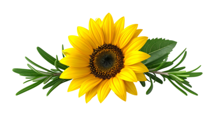 Sunflower with green herb sprigs and leaves. On a black background, centered