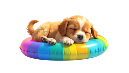 A sweet puppy rests soundly on a colorful inflatable ring, isolated against a void