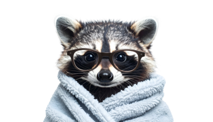 Close-up of a raccoon wearing glasses and a light blue robe against a black background