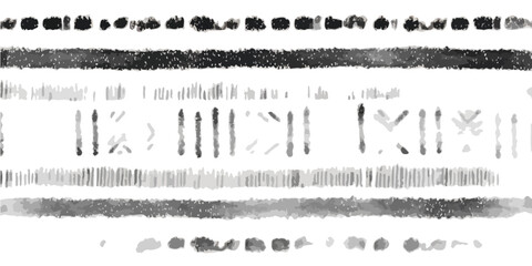 Obraz premium 透明な背景に手描き風のモノクロラインと幾何学模様のボーダーが並ぶ、グランジ感のある抽象的なデザイン要素のテクスチャ素材。