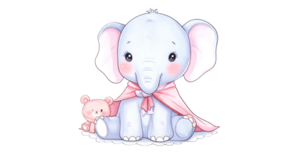 Adorable baby elephant cartoon with a pink cape and teddy bear, on a white base