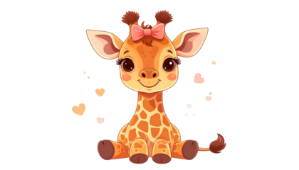 Cute cartoon giraffe sitting up, wearing a pink bow, surrounded by hearts