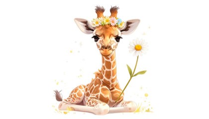 Adorable giraffe with flower crown, daisy, and lying position, isolated on white background
