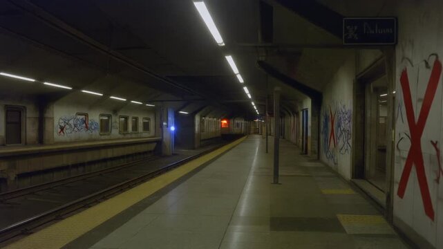 Abandoned subway train sits idle on tracks at nighttime station platform with graffiti.