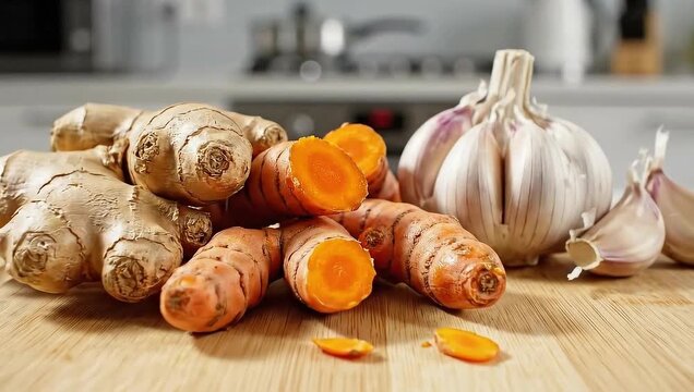 Fresh ginger turmeric garlic on wooden cutting board in kitchen
