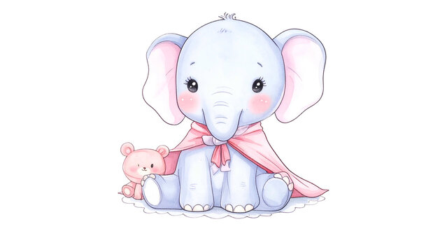 Adorable baby elephant cartoon with a pink cape and teddy bear, on a white base