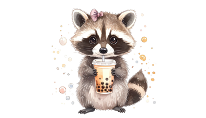 Adorable raccoon cartoon with a bubble tea, surrounded by sparkling bokeh