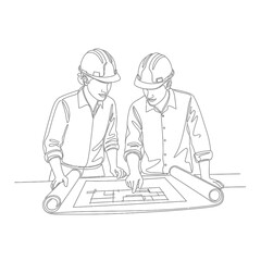 Engineers Reviewing Blueprint Architects Working Together.