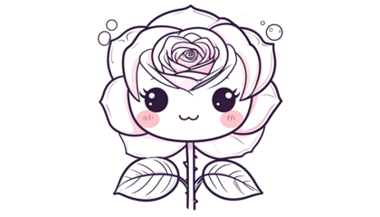 Adorable kawaii rose with face, large eyes, blush, and a stem against a black backdrop