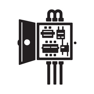 Simple black and white illustration of an open electrical control box