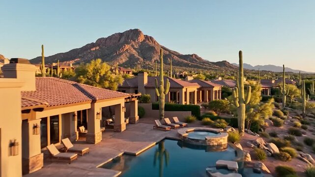 Luxurious desert homes with pools, cacti, and a mountain backdrop bask in warm sunlight