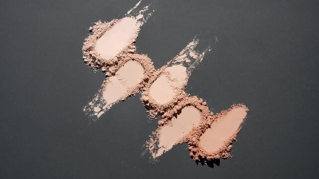 Top perspective shot of Five from beige to brown loose powder smears arranged in line on dark background highlighted by rotating directional light that produces ever-changing shadows