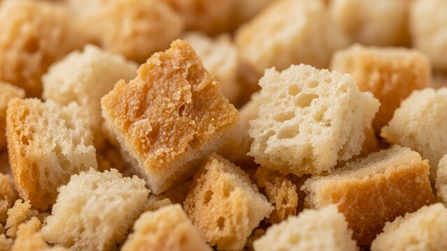 A close-up view of a pile of baked bread croutons, showcasing their texture and golden color.