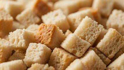 A close-up view of fresh bread crumbs scattered on a surface, showcasing their texture and detail.