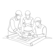 Engineers discussing blueprint construction planning team.