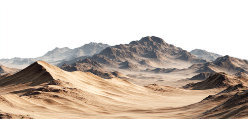 Expansive desert landscape featuring rolling sand dunes and rugged mountain ranges under a clear sky