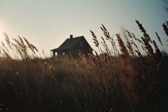 Silhouette of a house in a grassy field