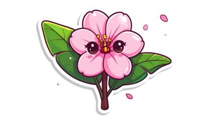 Kawaii cartoon of a pink blossom flower with leaves, big eyes, and falling petals
