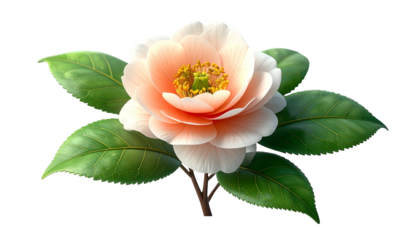 Peach-toned camellia flower with yellow stamen and glossy green leaves