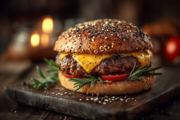 Artisan cheeseburger with grilled beef patty, melted cheese, sesame bun, and rosemary garnish. Moody lighting and rustic style ideal for restaurant or menu visuals.