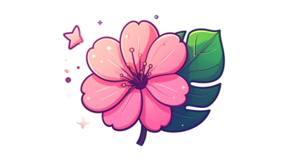 Stylized pink flower with green leaf and stars, on black. Cartoon-like and vibrant