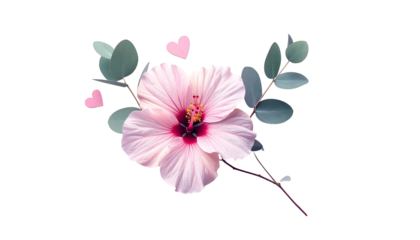 A delicate floral arrangement featuring a large pink hibiscus, eucalyptus, and hearts