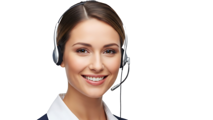 A friendly and professional young woman, wearing a silver headset with a microphone, smiles genuinely at the camera, suggesting excellent customer service or support on a black background.
