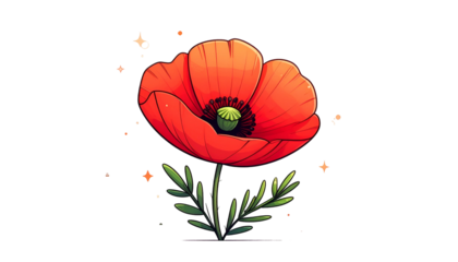 Vivid digital illustration of a stylized, vibrant red poppy on a black background