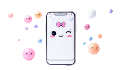 Cute cartoon phone with a bow, surrounded by colorful smiling bubbles on black