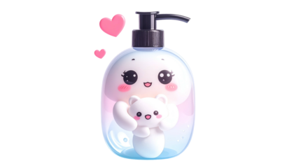Adorable dispenser with smiling face holding a cute polar bear, hearts float around