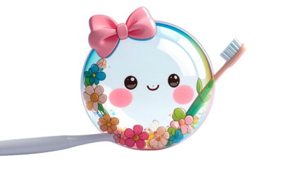 A cartoon bubble with a face, flowers, and bow holding a toothbrush, black background