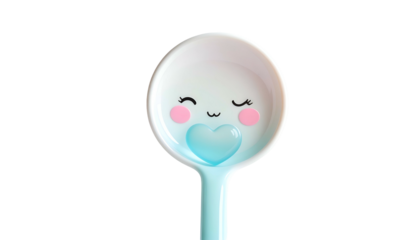 A close-up of a whimsical spoon with a cute face and heart-shaped element