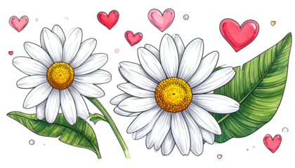 Two white daisies with yellow centers, green leaves, and pink hearts on a black backdrop