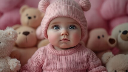A baby girl in pink sweater and hat surrounded by teddy bears in soft focus background