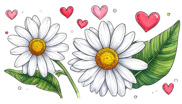 Two white daisies with yellow centers, green leaves, and pink hearts on a black backdrop - Powered by Adobe