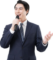 Naklejka premium マイクを持ってインタビューを促す司会者や取材などのビジネスマン プレゼンやアナウンサーなどのイメージ