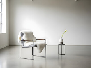 Modern armchair with faux fur drape and minimalist vase in bright room
