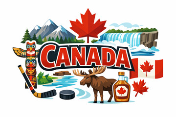 Canada culture vector illustration with maple leaf waterfalls mountains wildlife and national symbols