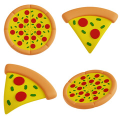 High quality 3D illustration of Pizza icons featuring slices, whole pizza, cheese, png toppings. Modern colorful style for apps, UI, menus, branding, food delivery, and restaurant projects.
